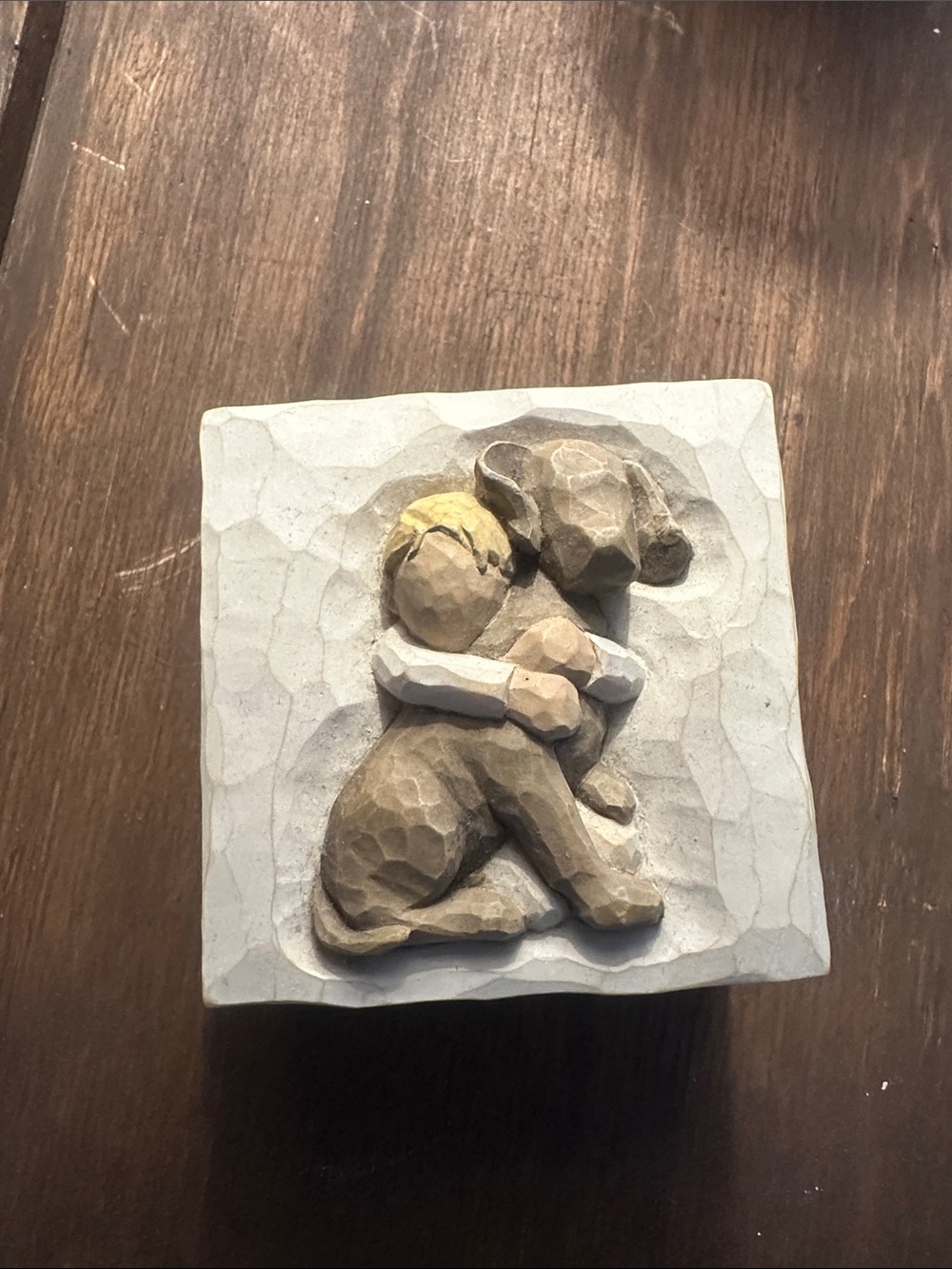 Willow Tree Beige and Cream Boy Hugging Puppy Relief